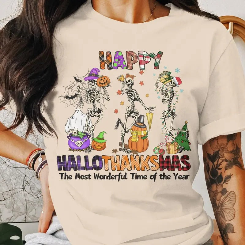 Happy Hallothanksmas Sweatshirt, Funny Holiday Season Shirt, Halloween T-shirt, Thanksgiving shirt, Christmas Gift, Fall shirt, Skeleton Christmas