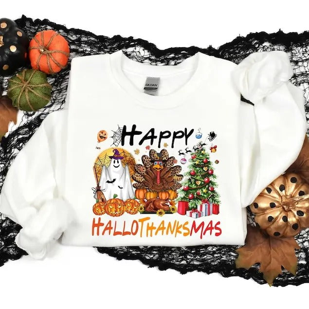 Happy Hallothanksmas, Halloween Sweatshirt, Christmas Sweater, Thanksgiving Shirt, Women Sweater, Women Gift, Gift For Halloween