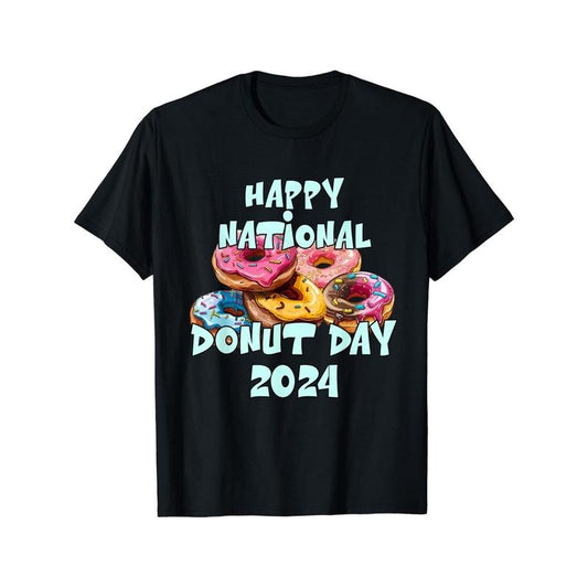 Happy National Donut Day 2024 - Men's Cotton T-Shirt with Unique Donut Design, Breathable & Stretchy, Perfect for All Seasons made in usa