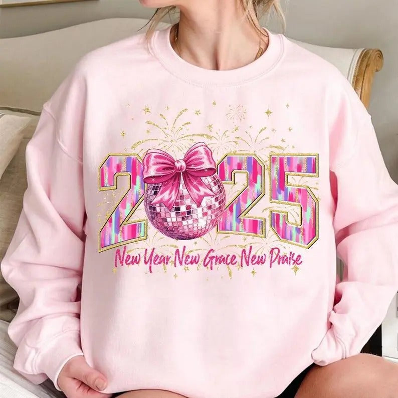 Happy New Year 2025 Sweatshirt, Hoodie, T-Shirt, Pink Coquette Bow Shirt, Retro New Years Shirt, Glitter Disco Ball Shirt, New Year New Me Shirt, Varsity Shirt, Brushstroke
