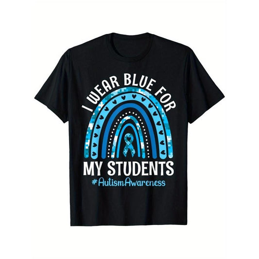 Happy Teacher I Wear Blue For My Students Autism Awareness T-Shirt for Men, Soft Fabric, Breathable, Comfortable Short Sleeve Tees, Perfect for Gift, S-XXXL