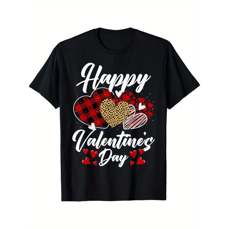 Happy Valentine'S Day Hearts with Leopard Plaid Valentine 180g Cotton T-Shirt One Side Print Short Sleeve Valentine'S Day Gifts, Holiday Gifts for Summer and Fall made in usa