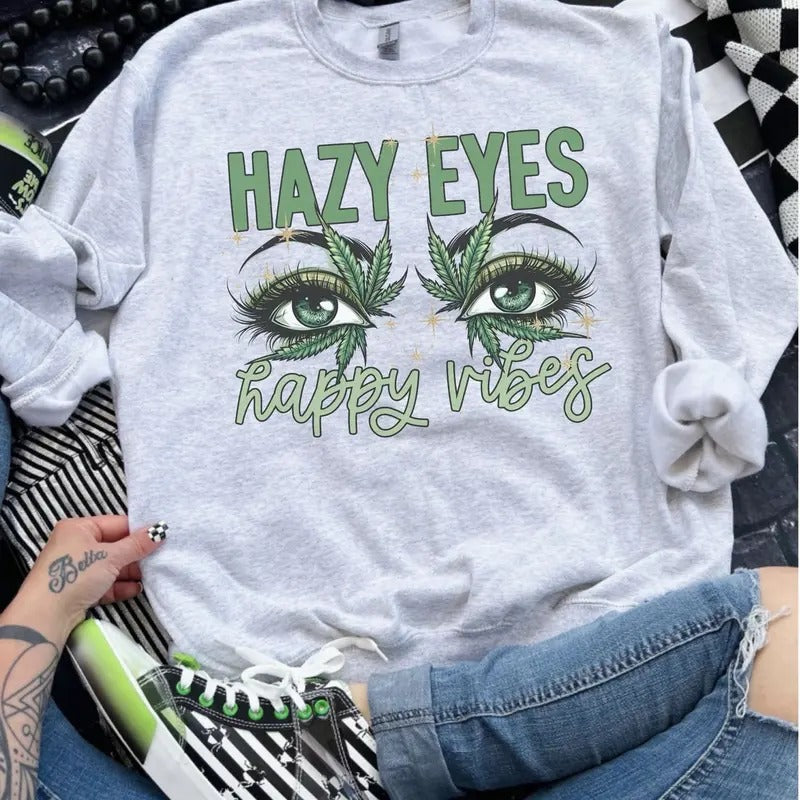 Hazy Eyes Happy Vibes - Ash Grey - Sublimation-  - Unisex Jersey Sweatshirt