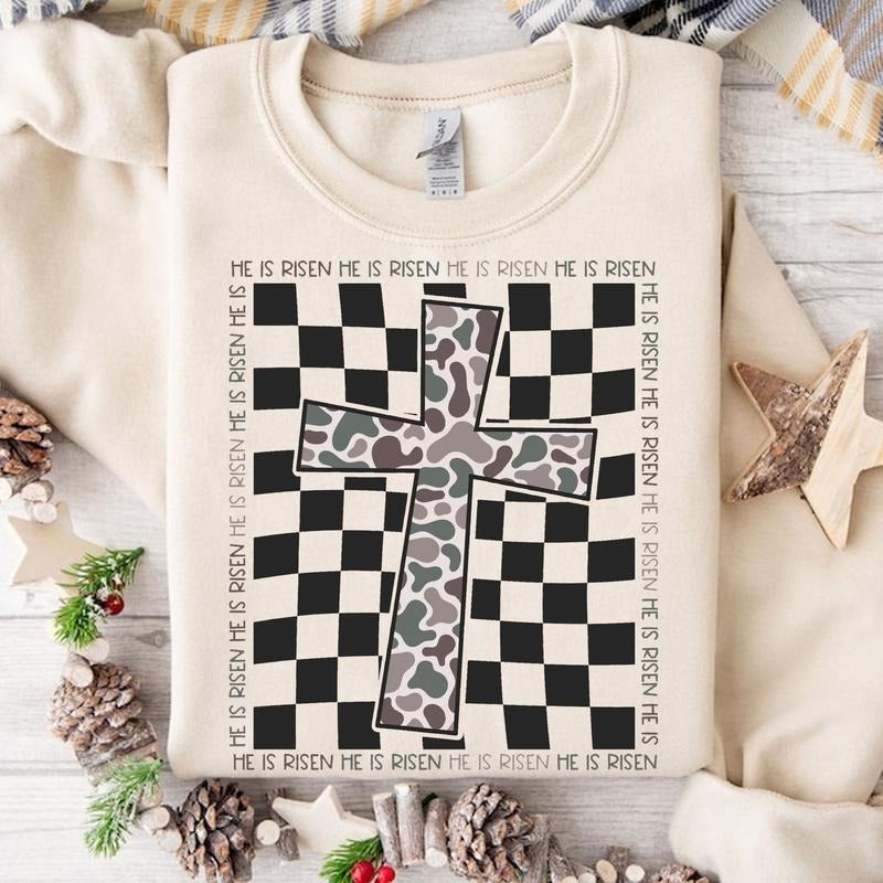 He is Risen Checkered with Camo Jesus Cross Unisex Sweater, He Is Risen Jesus Easter Shirt, Happy Easter Gift, Camo Easter Cross Tee