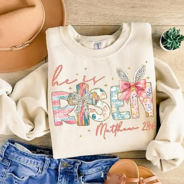 He is Risen tshirt-sweatshirt-hoodie, Christian Easter tshirt, Matthew 28:6, Easter Jesus sweatshirt, Easter Bible Verse tshirt, Retro Easter Brushstroke, Glitter Easter