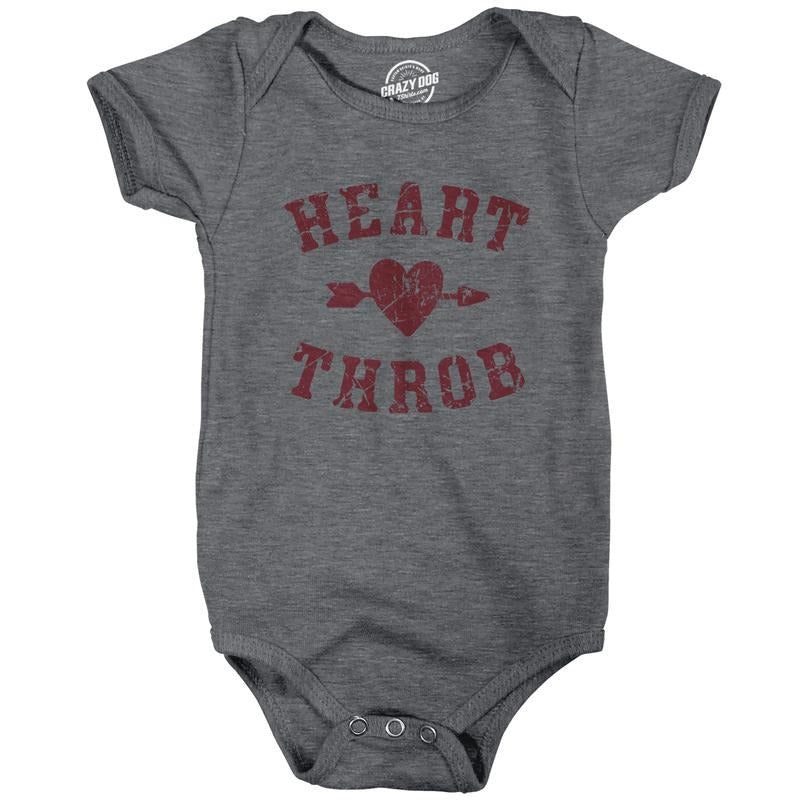 Heart Throb Baby Bodysuit Funny Valentines Day Romper For Infants Funny Baby Onesies Love Onesie for Baby Novelty Onesie Dark Grey