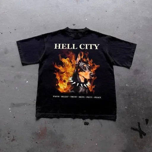 Hell City - Flame Dobern Printed Graphic Cotton T-Shirt, grunge y2k emo scene tapout goth amity affliction style clothes, Unisex T-shirt