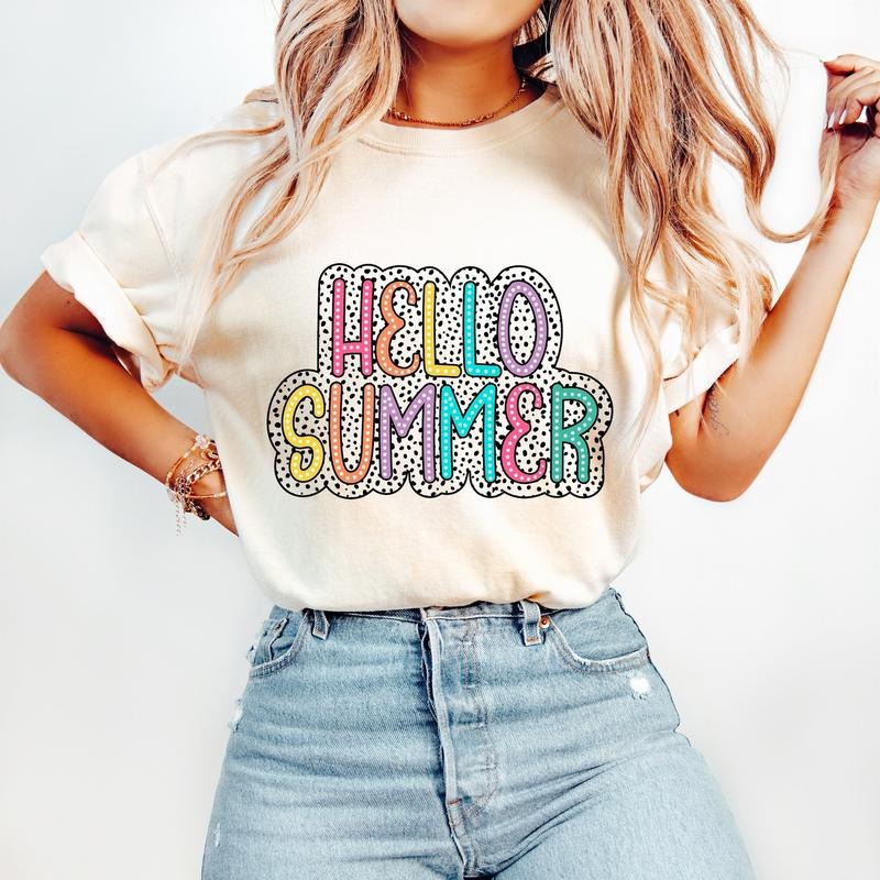 Hello Summer T-Shirt, Summer Vibes T-Shirt, Summer T-Shirt, Bright Doodle, Dalmatian Dots, Retro Summer T-Shirt, Beach T-Shirt, Mama T-Shirt