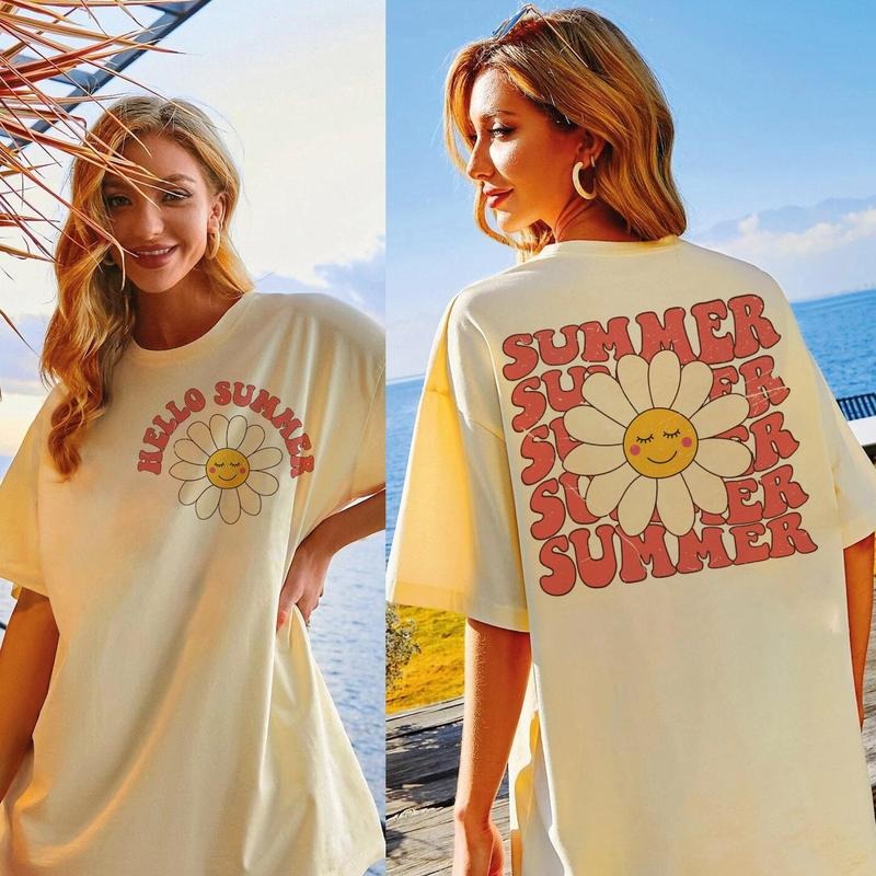 Hello Summer T shirt, Retro Smile Daisy Sublimation sweatshirt, Aesthetic Ocean Front Back, Distressed Groovy Beach modal