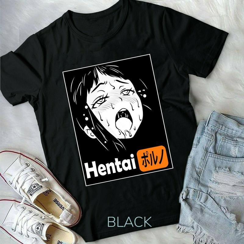 Hentai Waifu Ahegao Cute Sexy Girl Gothic Lewd Otaku Manga Anime Black T-Shirt S-4XL