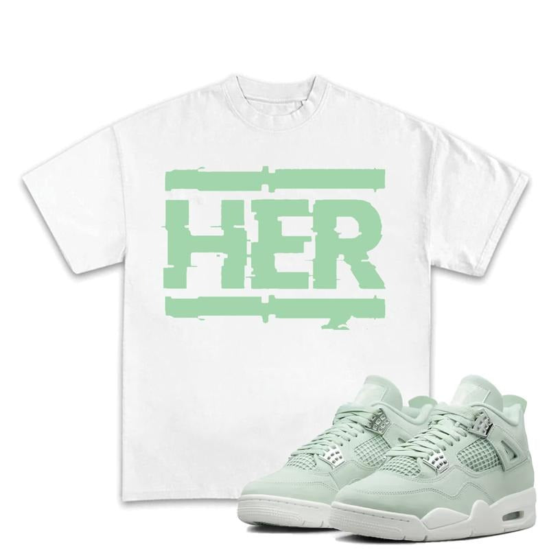Her Match 4s Seafoam Outfits Sneakers, Unisex Cotton T-shirt, Y2K Graphic Tee, Fitted Crewneck for Modern Looks