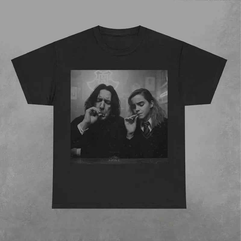 Hermione and Snape Smokin Shirt, Potter TShirt, Wizarding Fan Shirt, Potterhead Shirt, Retro Funny Movie Graphic Tee Classic Fabric Menswear Top