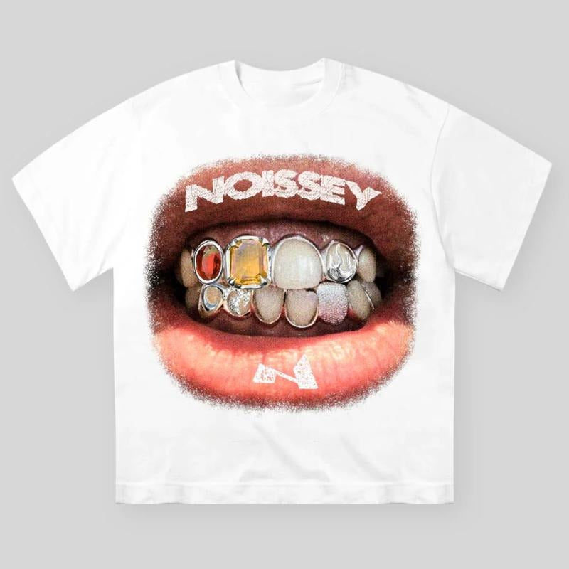 High quality Retro Lip Grills Print T-Shirt, Y2k Clothing, Unisex Cotton Crewneck T-Shirt - Medium, Short Sleeve, Casual Streetwear Printed Tee Menswear Top