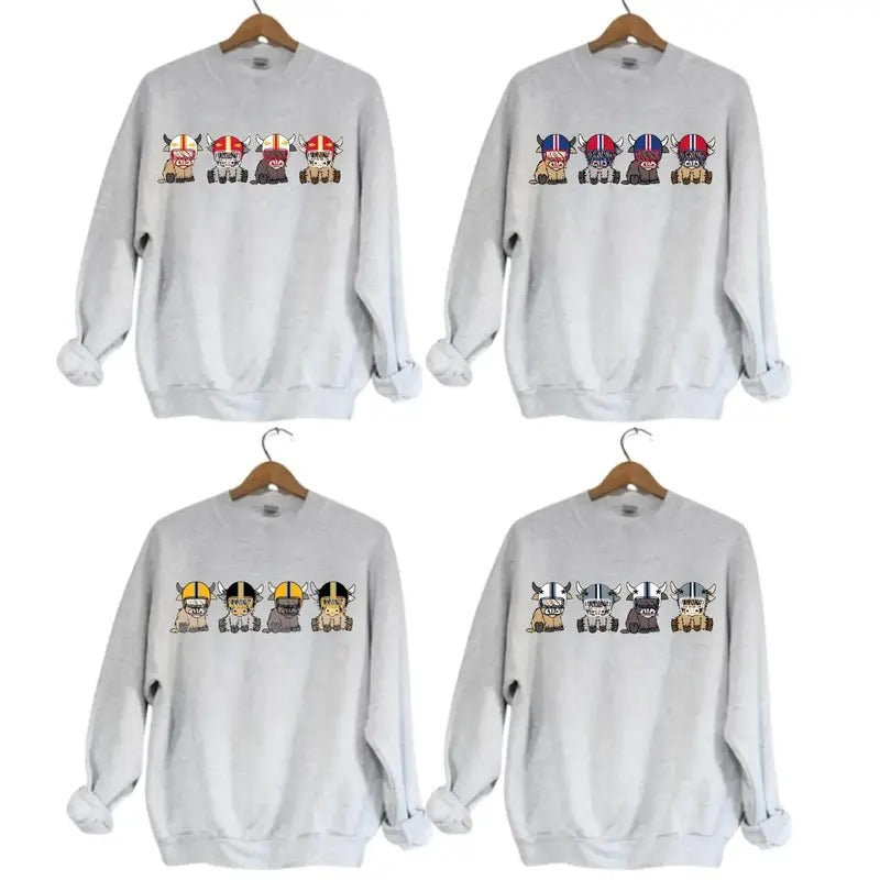 Highland Cow Football Sport Grey Team Football Lovers Gift Unisex Crewneck Hoodie Sweatshirt