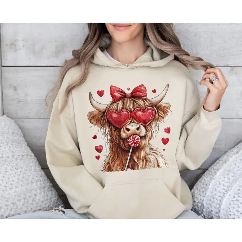 Highland Cow Shirt, Valentine Coquette Sweatshirt, Valentine's Day Hoodie, Retro Valentine Heart Love, Unisex Sweater Pullover Tee