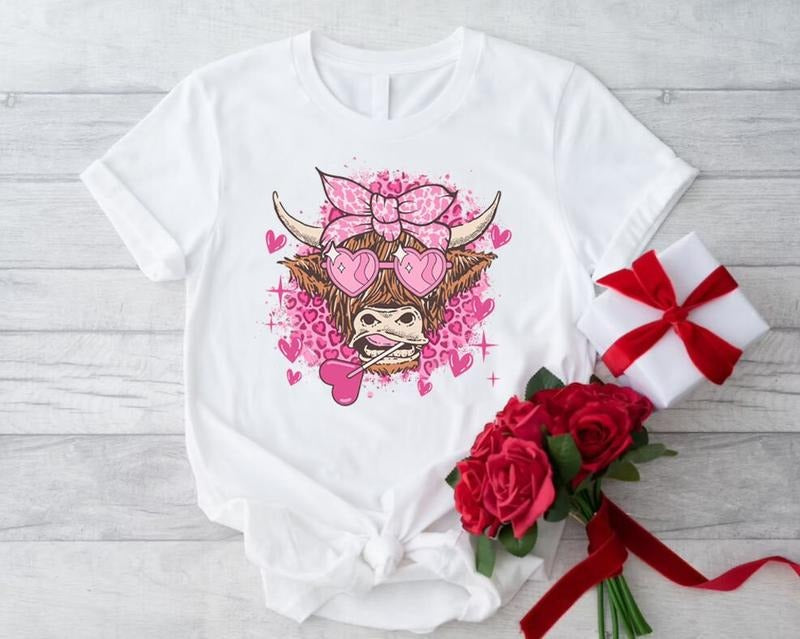 Highland Cow Valentine Shirt: Heifer Valentine Shirt, Valentines Day Gift, Country Love Tee, Funny Cow Shirt, Valentines T-Shirt, Gifts For Her. Unisex Short Sleeve Tee Shirt - Ideal for Valentine's Day Gifts for Her. Fit Top Womenswear Casual