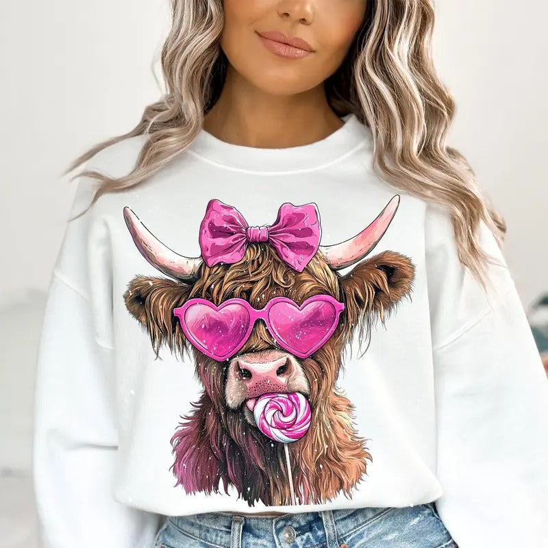 Highland Cow Valentine's Day Shirt, Coquette Valentine Heart Crewneck, Retro Love Sweatshirt, Romantic Holiday Sweater