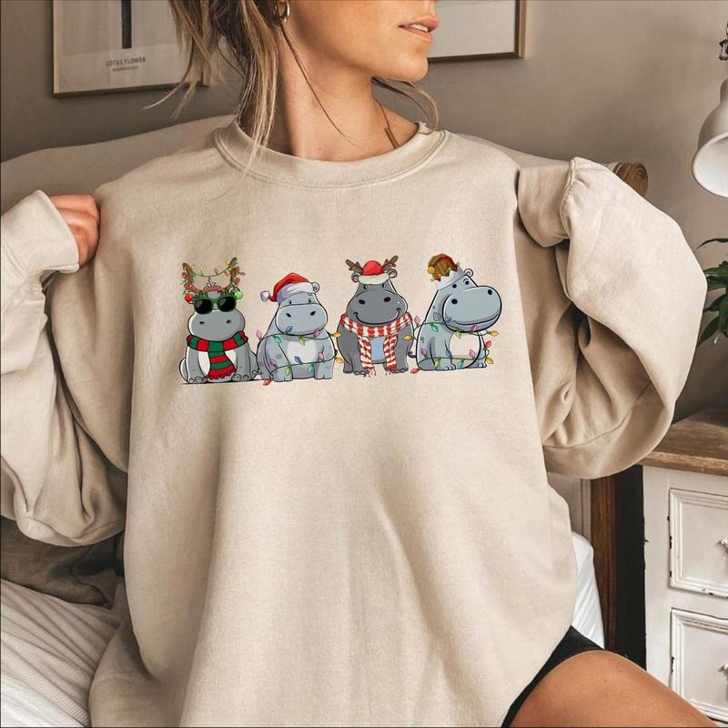 Hippopotamus Christmas Sweater, Retro Hippo Christmas Sweatshirt, Christmas Hippopotamus Hoodie Hippo for Xmas Crewneck Holiday Gift for Your Lover