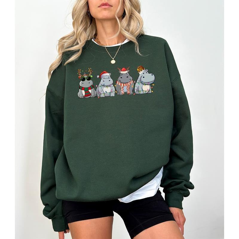 Hippopotamus Christmas Sweatshirt, Retro Hippo Christmas Shirt, Holiday Sweaters, Christmas Gift, Christmas Crewneck, Womens Christmas Shirt