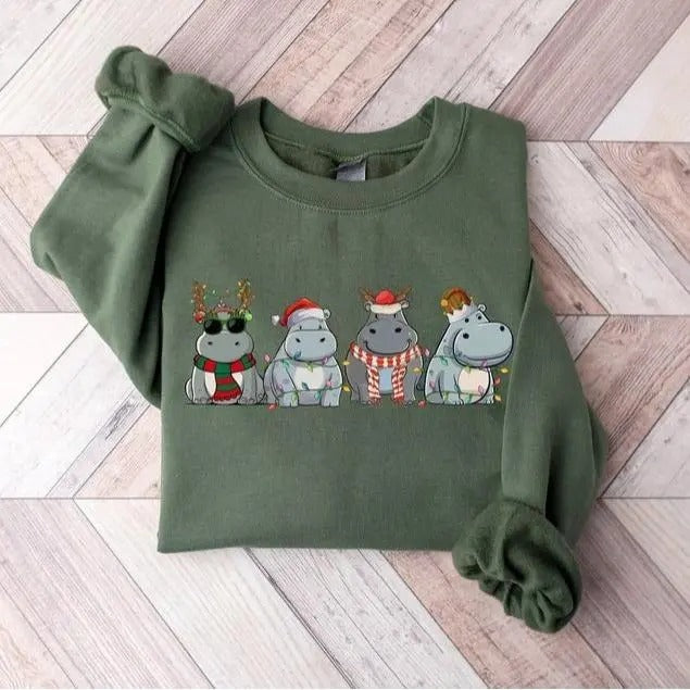 Hippopotamus Christmas Sweatshirt, Retro Hippo Shirt, Holiday Sweaters, Christmas Gift, Christmas Crewneck, Womens Christmas Shirt