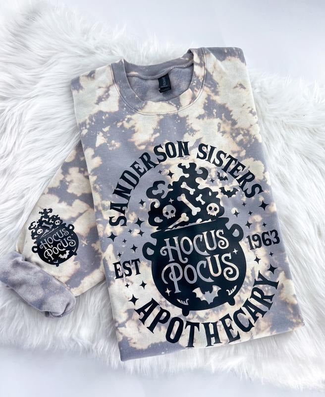 Hocus Pocus Apothecary Halloween Witch Bleached Graphic Sweatshirt or Hoodie with Sleeve Print Unisex Womenswear Crewneck Casual Tshirt Top