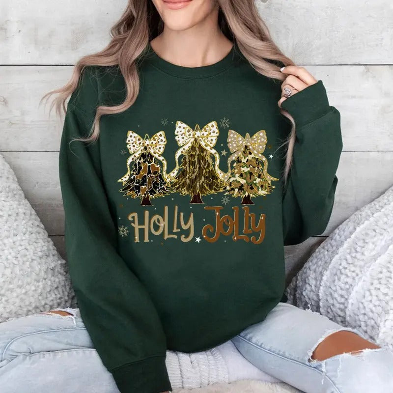 Holly Jolly Camo Christmas Tree Blink Coquette Bow Graphic Printed Crewneck Sweatshirt, Christmas Hunting Shirt, Camo Wife, Camo Mama Tee