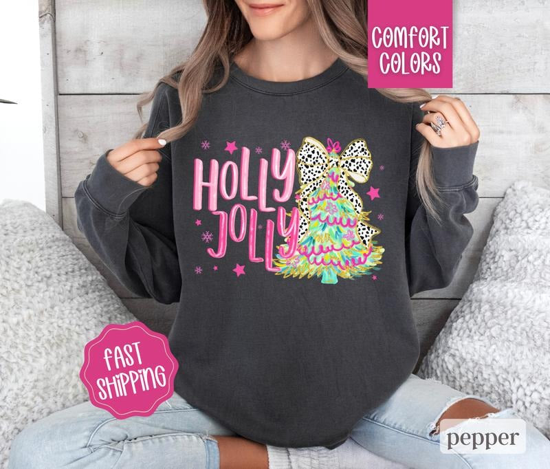 Holly Jolly Christmas Comfort Colors Sweatshirt, Coquette Christmas Sweater Womenswear, Holiday Crewneck