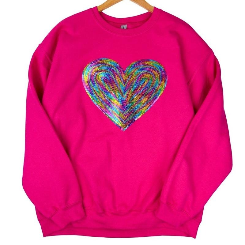 Holographic HEART Sequin Patch Sweatshirt -- HOT PINK