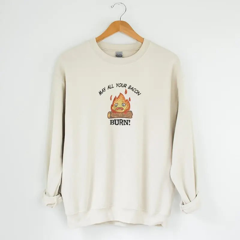 Calcifer Embroidered Tshirt/Sweatshirt/Hoodie, May All Bacon Burn, Howl's Moving Castle Shirt, Studio Ghiblie Shirt, Anime Gift