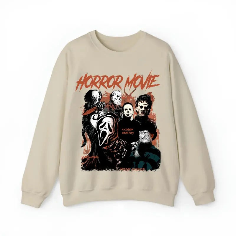 Horror Movie Sweatshirt, Movie Shirt, Retro Halloween Sweatshirt, Horror Movie Character Tee , Halloween Sweatshirt, Halloween Shirt, Unisex Classic Cotton with Graphic Print in All Sizes, For Men, For Women