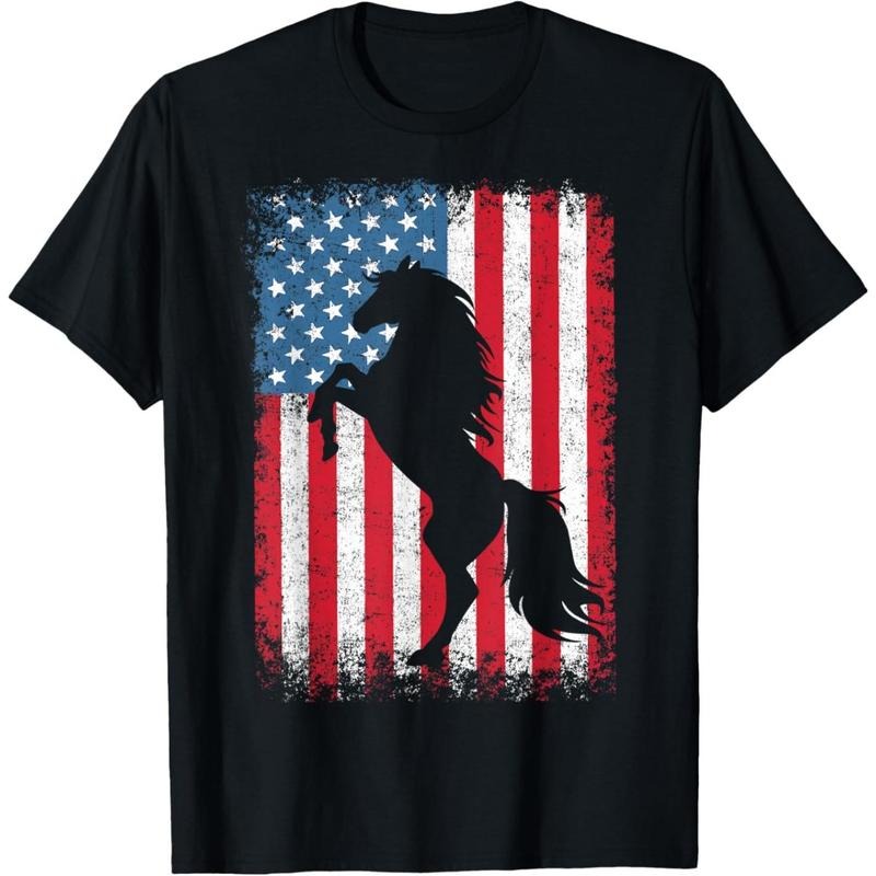 Horse American Flag USA 4th of July Men Women Boys Girls T-Shirt made in usa