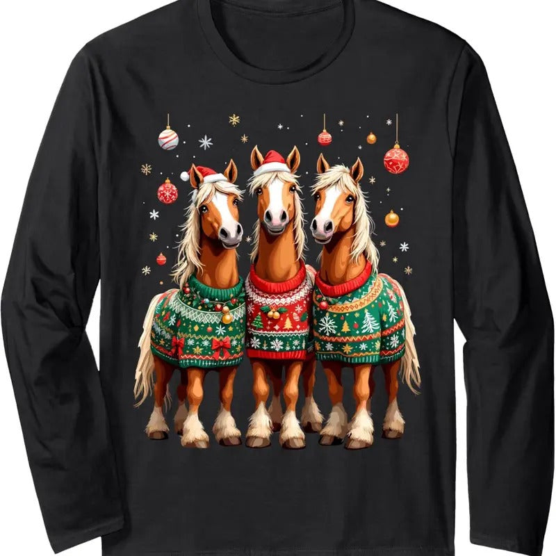 Horses Ugly Sweters Christmas Xmas Horse Lover Horseman Long Sleeve T-Shirt