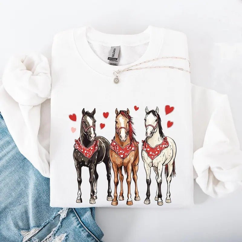 Horses, Western, Valentine's Day, Classic, Country, Cowboy, Cowgirl, Rodeo Sweatshirt, Crew Neck, Women's, Crewneck, Valentine's Day, Love, Heart, Cupid