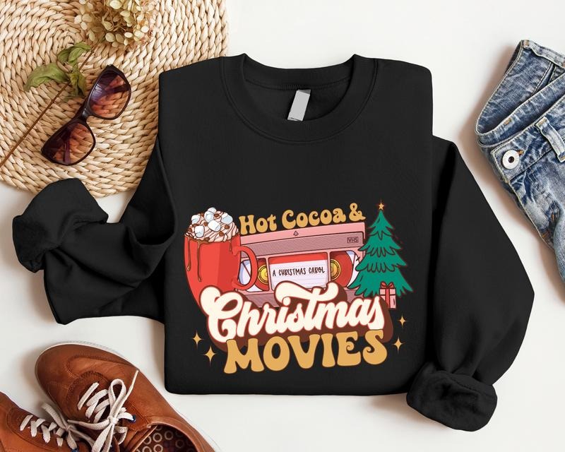 Hot Cocoa and Christmas Movies Sweatshirt, Hot Chocolate Lover Holiday Gift Sweater, Xmas Movies Family Hoodie, Retro Christmas Couples Sweatshirts.