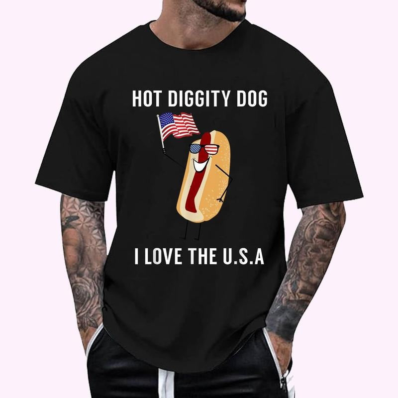 Hot Diggity Dog I Love USA - Funny Fourth of July T-Shirt - Men's Regular Fit Letter Graphic Round Neck Tee, Casual Short Sleeve, Crew Neck Shirt for Summer, Fashion Men's Top for daily Wear, Graphic Tees