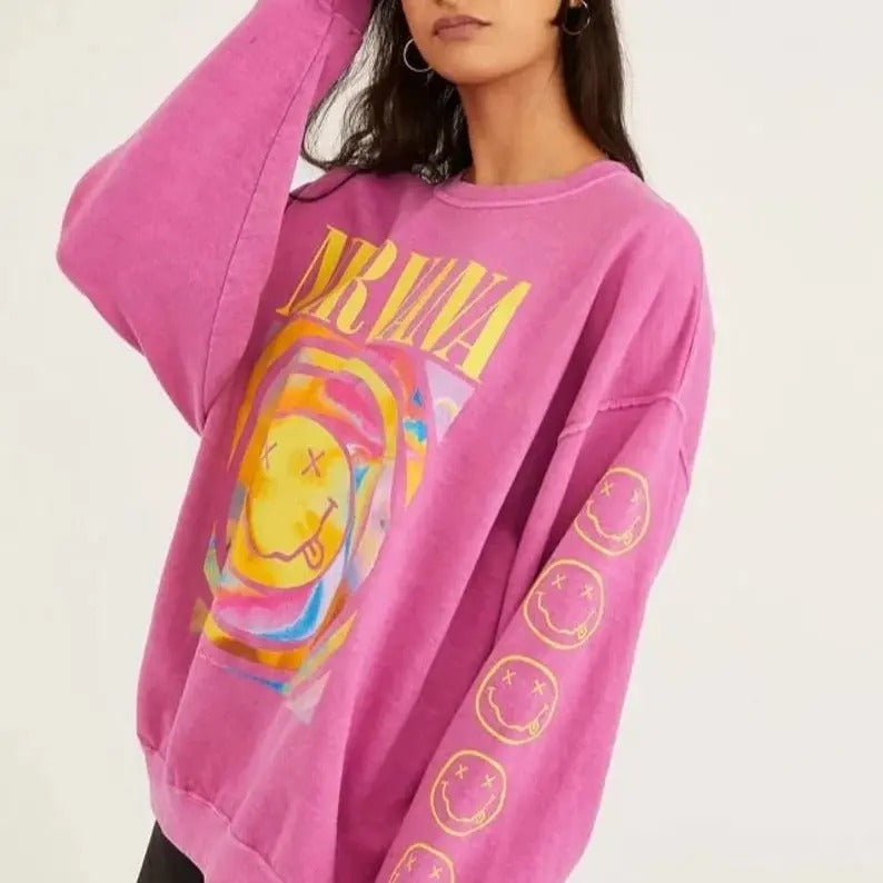 Hot Pink Nirvana Smile Face Sweatshirt, Happy Face Shirt, 90s T-shirt Vintage Aesthetic, Y2K Clothing, Y2K Fashion, Gift For Her, Nirvana Smile Shirt, Pink Nirvana Smile Face Crewneck Sweatshirt, Nirvana Sweatshirt