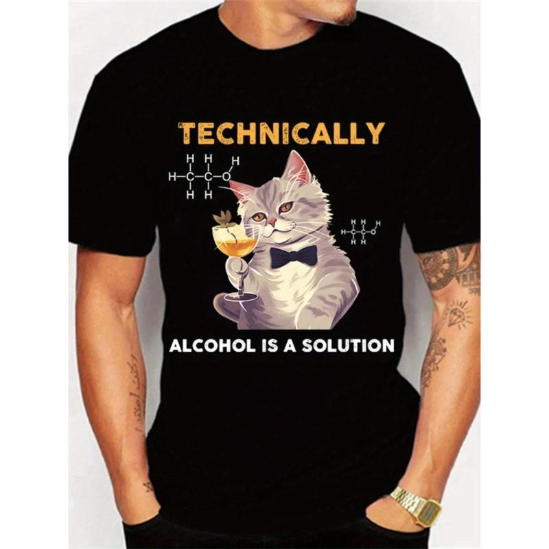 Hot Technically Alcohol Is A Solution Graphic Tshirt Funny Cat Drinking Beer Tshirt, Trendy Cotton Tops Short Sleeve, Street Style Short Sleeve Tee, Comfort Fit Men's Tee, Crew Neck Tee, Ultra Soft, Breathable, made in usa