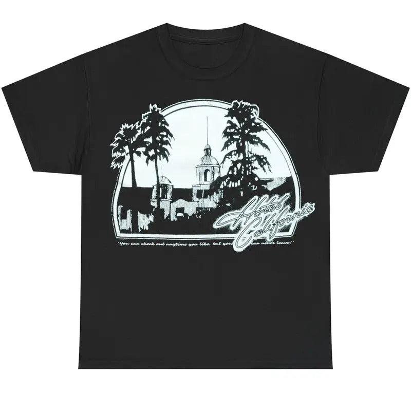 Hotel California Graphic Tee, Vintage Rock Band Aesthetic Shirt, Retro Rock Band Tee, Double-Sided Graphic Design, Casual Streetwear, Unisex Cotton Shirt