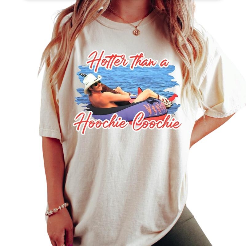 Hotter Than A Hoochie Coochie T-Shirt, Meme Summer Vacation T-Shirt, Gift for Music Lover, 90s Country Music Tee, Trendy Summer Trip T-Shirt