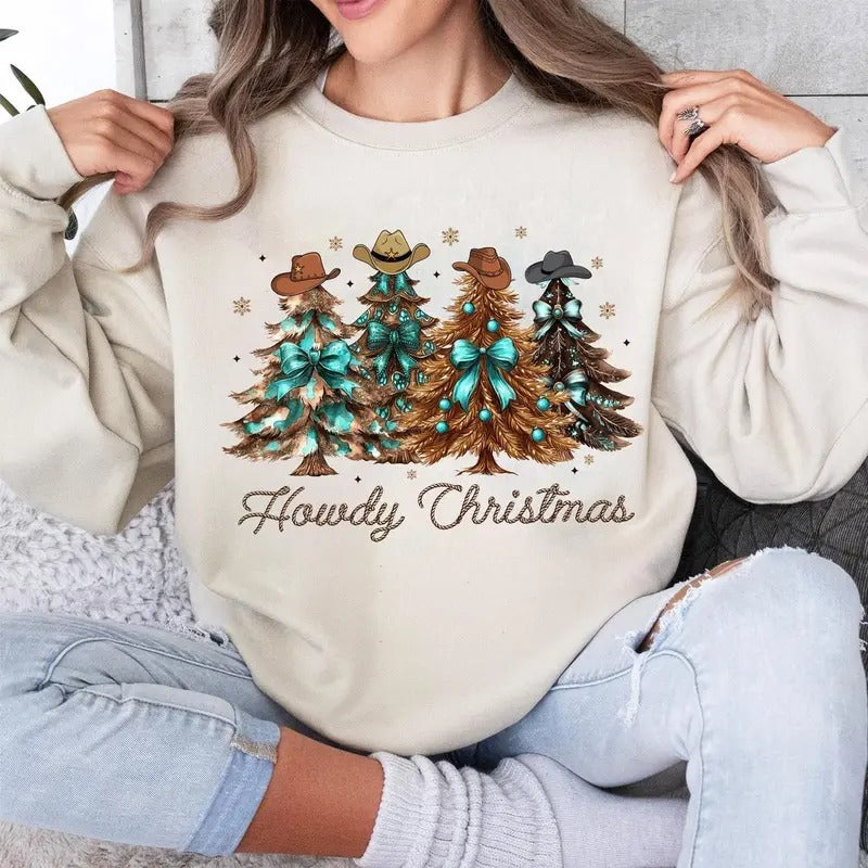 Howdy Christmas Tree Western Retro Crewneck Sweatshirt, Coquette Bow Cowboy Christmas Cowgirl Shirt
