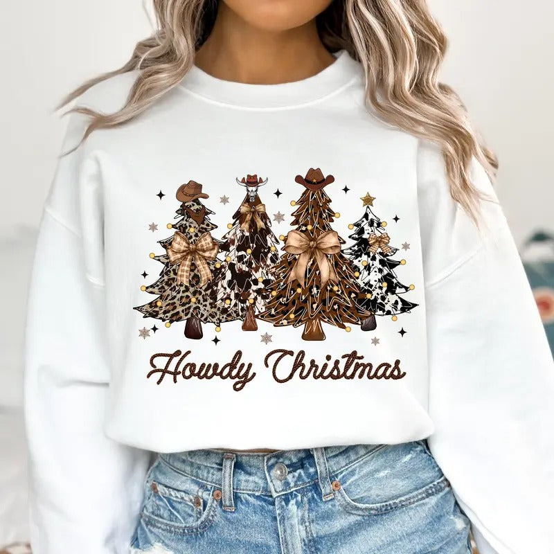 Howdy Christmas Trees Western Retro Vibe Cowgirl Hat Sweatshirt, Coquette Bow Christmas Tree, Cowboy, Cowgirl, Coquette Christmas Shirt