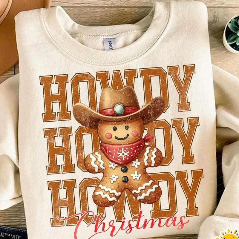 Howdy Christmas sweatshirt,hoodie,tshirt, Retro Western Christmas Season Sweatshirt, Gingerbread Man Holiday Clothing, Unisex