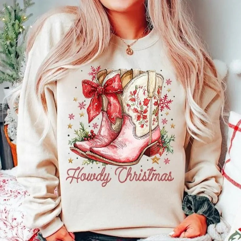 Howdy Western Christmas Shirt, Coquette Christmas, Holiday Cowgirl Sweater, Retro Christmas Western Pink Cowgirl Boot Tee