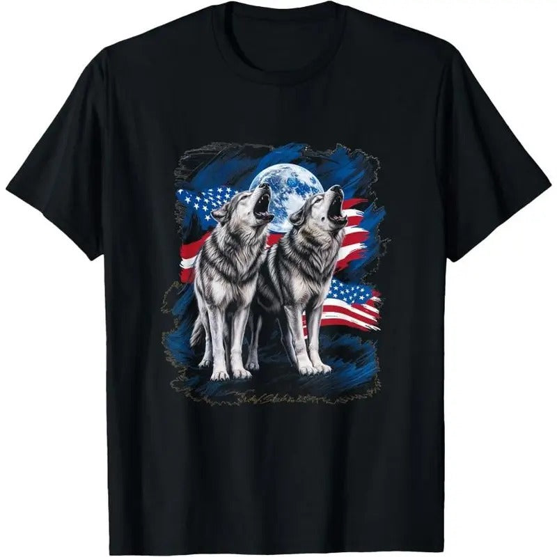 Howling Wolves American Flag Wolf Wilderness Nature T-Shirt Made in USA