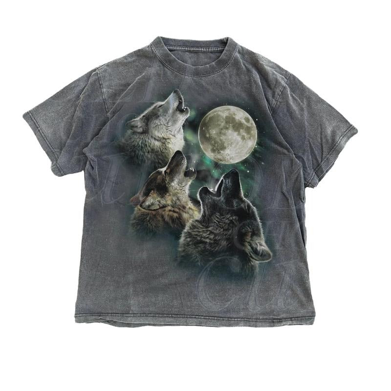 Howling Wolves Vintage 90s Graphic Shirt, Wolf Moon Tee, Wild Free, Loyal Wolf Shirt, Grey Wolf Washed Oversize Tee, Distressed Retro Shirt Menswear Top