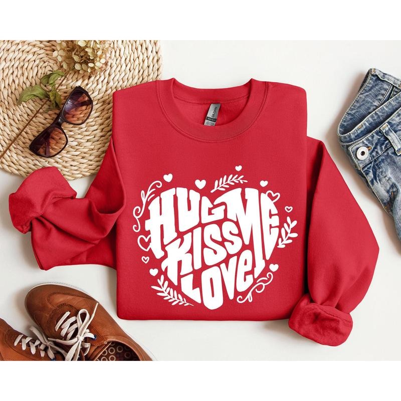 Hug Me Kiss Me Love Me Sweatshirt, Vintage Valentine's Day Sweatshirt, Crew Neck, Women's, Crewneck, Valentine's Day, Love, Heart, Cupid