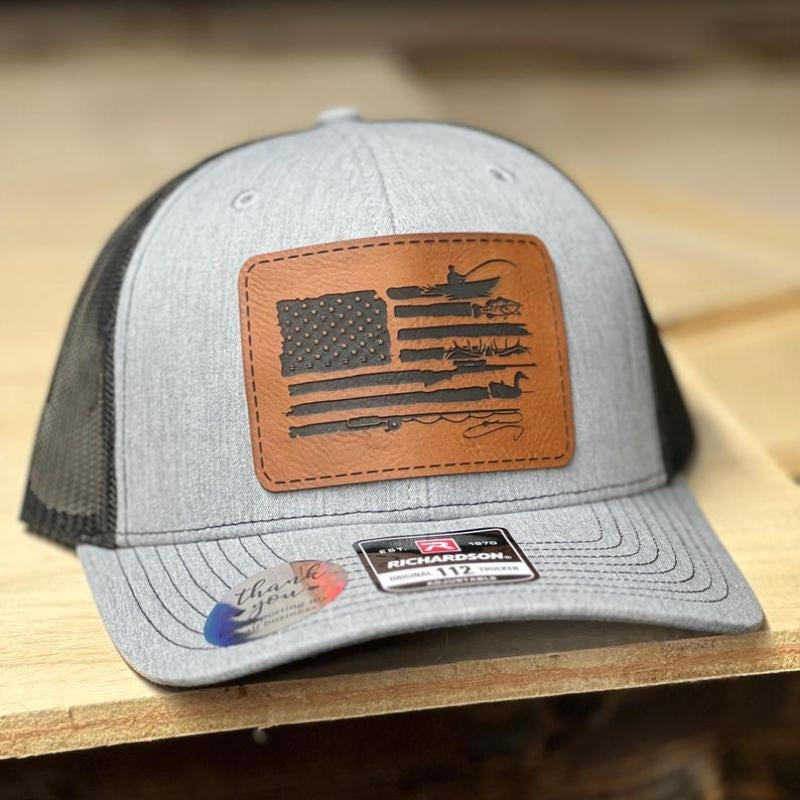 Hunting, Duck Hunting, Fishing, American Flag leather patch hat, Richardson, USA, America, Hats, Caps, Snap Back