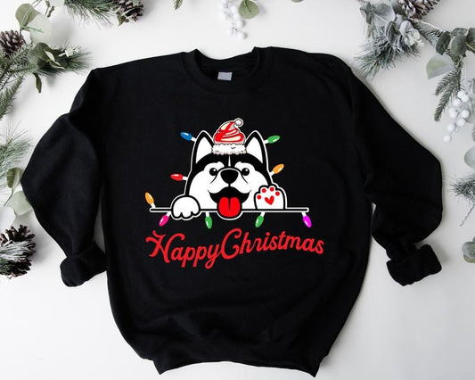 Husky Christmas Sweatshirt, Happy Christmas Sweater, Dog Christmas Hoodie, Dog Lover Gift Sweatshirt, Pet Owner Long Sleeve, Christmas Light Sweatshirt.