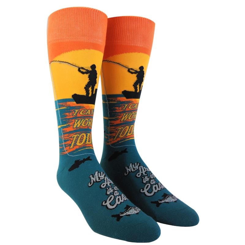 I Cant Work Today My Arm Is In A Cast Socks Funny Fishing Novelty Funky Saying (Multi) - Mens (9-11) Funny Graphic Socks Comfortable Fitted Spandex Cotton