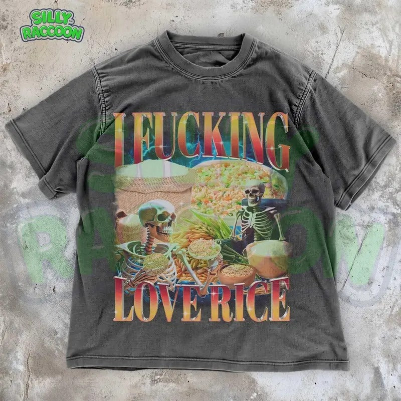 I Fucking Love Rice T-Shirt | Funny Meme Skeleton Graphic Tee for Rice Lovers | Edgy Foodie Shirt Casual Fabric funny shirts